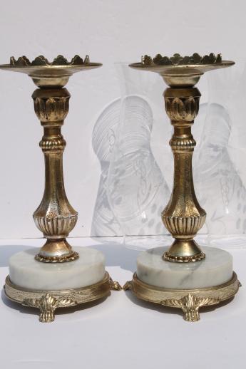 photo of vintage Italian marble / ornate gold metal candlesticks w/ etched glass shades #2