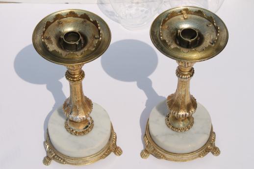 photo of vintage Italian marble / ornate gold metal candlesticks w/ etched glass shades #3