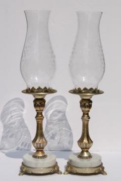 catalog photo of vintage Italian marble / ornate gold metal candlesticks w/ etched glass shades