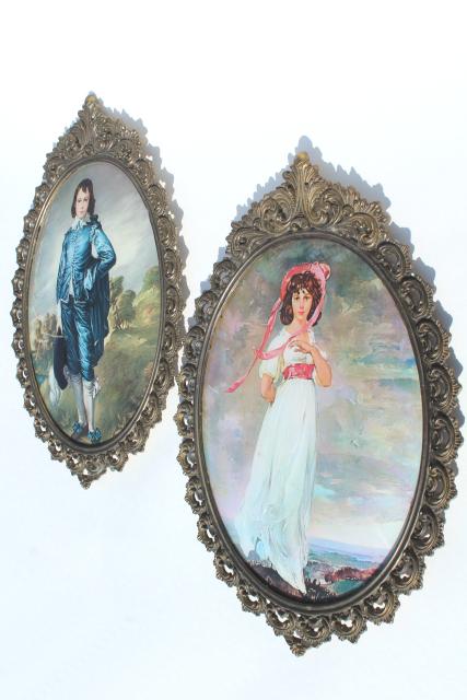 photo of vintage Italian ornate gold metal picture frames w/ curved convex glass, pair of large prints #1