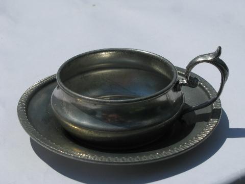 photo of vintage Italian pewter expresso cups & saucers, tiny demitasse cup holders #2