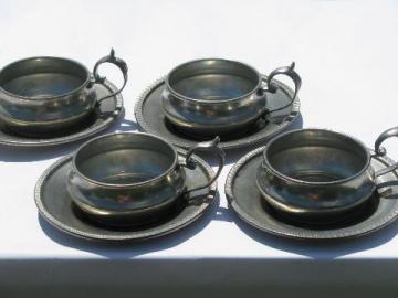 catalog photo of vintage Italian pewter expresso cups & saucers, tiny demitasse cup holders