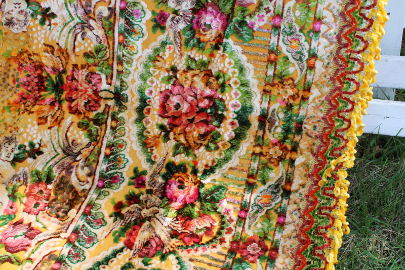 photo of vintage Italian rayon cotton velvet plush drapery / wall hanging tapestry, roses, putti cherubs #4