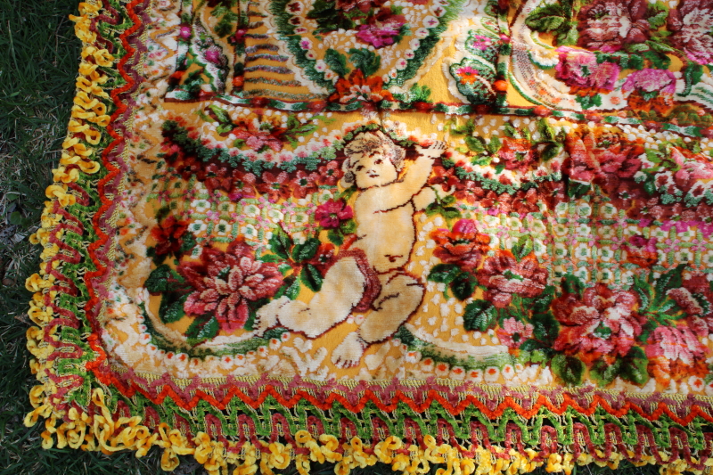 photo of vintage Italian rayon cotton velvet plush drapery / wall hanging tapestry, roses, putti cherubs #6