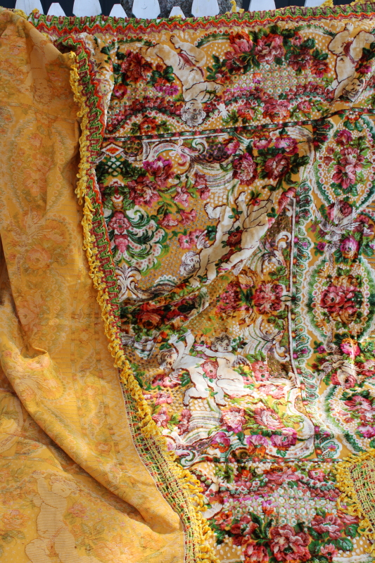 photo of vintage Italian rayon cotton velvet plush drapery / wall hanging tapestry, roses, putti cherubs #8