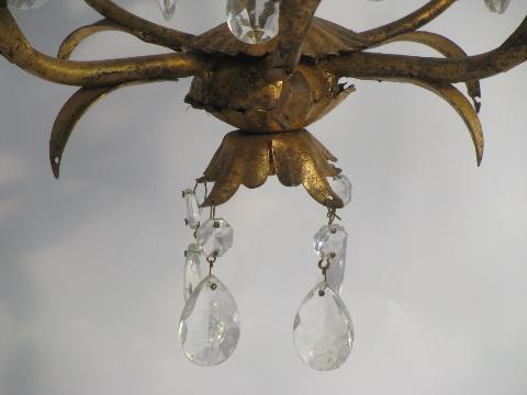 photo of vintage Italian tole candle chandelier wall sconce light, gilt metal w/ glass prisms #3