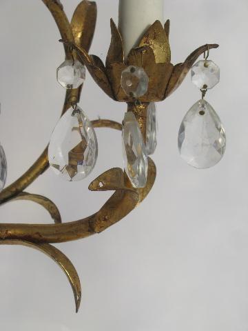 photo of vintage Italian tole candle chandelier wall sconce light, gilt metal w/ glass prisms #4