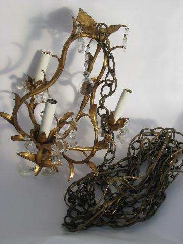 photo of vintage Italian tole candle chandelier wall sconce light, gilt metal w/ glass prisms #5