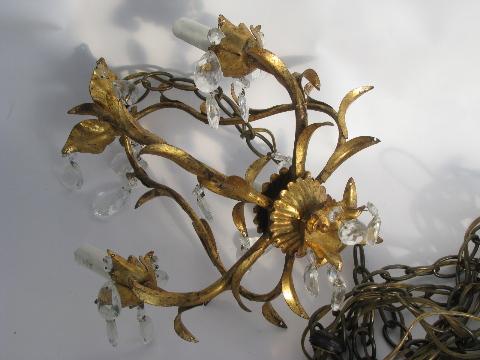 photo of vintage Italian tole candle chandelier wall sconce light, gilt metal w/ glass prisms #6