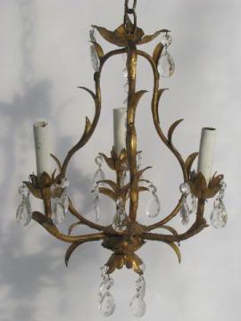 catalog photo of vintage Italian tole candle chandelier wall sconce light, gilt metal w/ glass prisms
