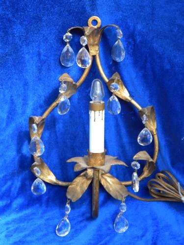 photo of vintage Italian tole candle chandelier wall sconce light, gilt metal w/ glass prisms #1