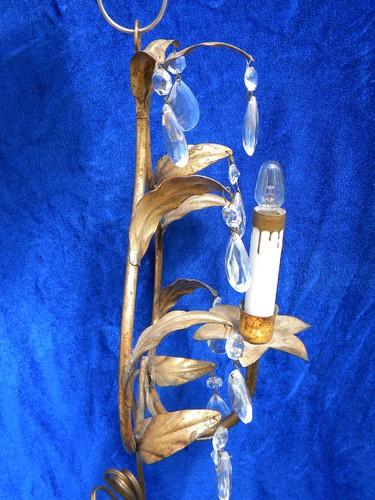 photo of vintage Italian tole candle chandelier wall sconce light, gilt metal w/ glass prisms #2