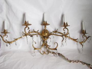 catalog photo of vintage Italian tole gold candelabra, five candle electric wall sconce light w/ glass teardrop prisms