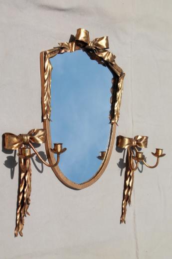 photo of vintage Italian tole gold metal framed mirror & candle sconces wall sconce set #1