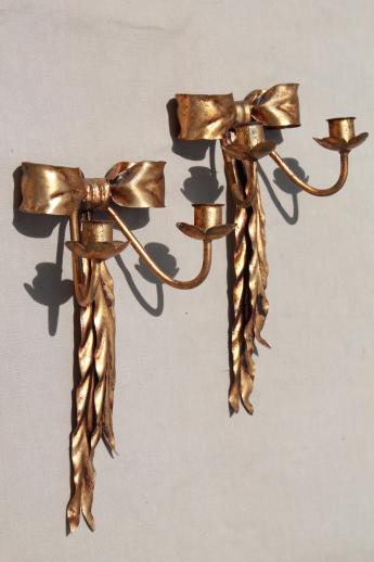 photo of vintage Italian tole gold metal framed mirror & candle sconces wall sconce set #7