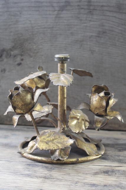 photo of vintage Italian tole gold wrought metal roses, Florentine style base for frame or cake stand #1