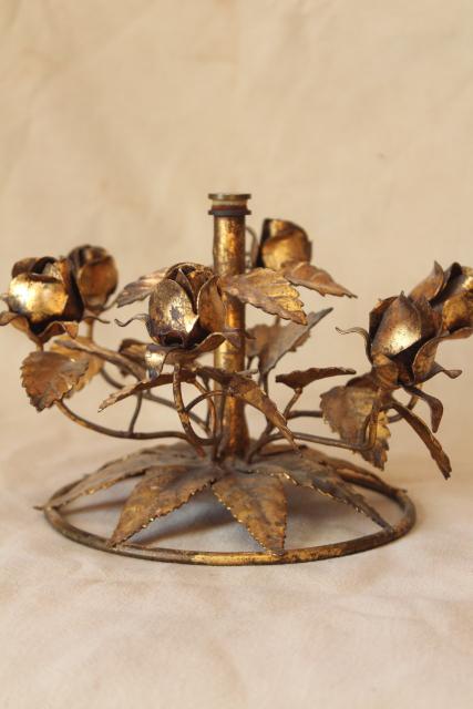 photo of vintage Italian tole gold wrought metal roses, Florentine style base for frame or cake stand #1