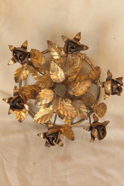 photo of vintage Italian tole gold wrought metal roses, Florentine style base for frame or cake stand #7