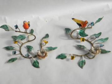 catalog photo of vintage Italian tole metal birds & flowers candle holders for small candles