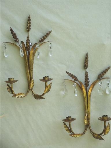 photo of vintage Italian tole wall sconces, gilt sheaves of wheat candle sconce set #1