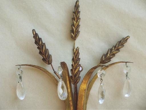 photo of vintage Italian tole wall sconces, gilt sheaves of wheat candle sconce set #3