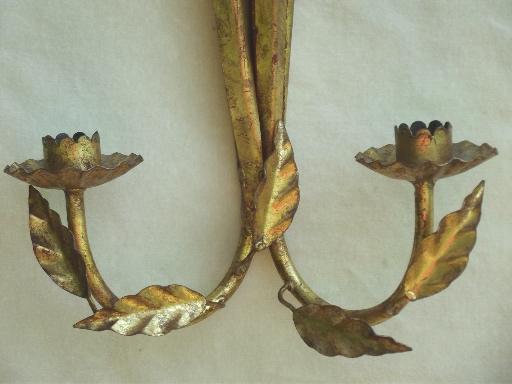 photo of vintage Italian tole wall sconces, gilt sheaves of wheat candle sconce set #4