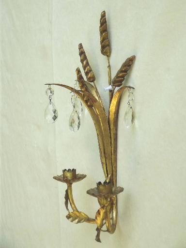 photo of vintage Italian tole wall sconces, gilt sheaves of wheat candle sconce set #5