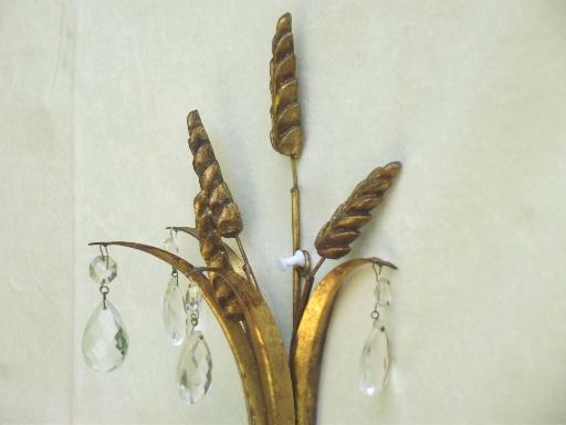 photo of vintage Italian tole wall sconces, gilt sheaves of wheat candle sconce set #6