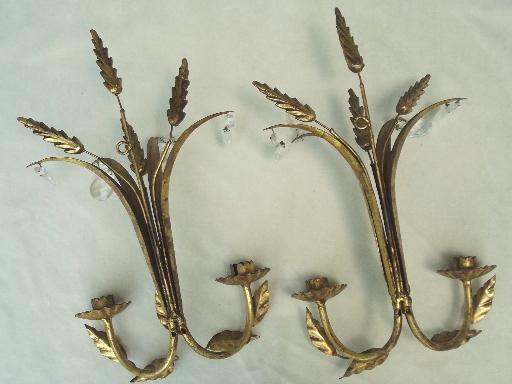 photo of vintage Italian tole wall sconces, gilt sheaves of wheat candle sconce set #8