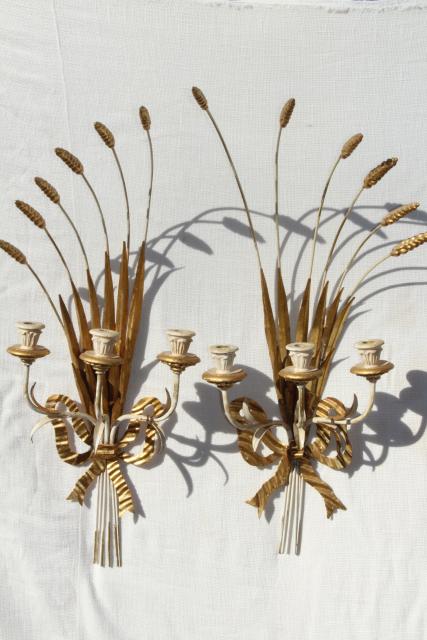 photo of vintage Italian tole wall sconces, huge wheat sheaves w/ Florentine gold wood candle holders #1