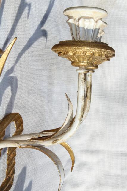 photo of vintage Italian tole wall sconces, huge wheat sheaves w/ Florentine gold wood candle holders #3