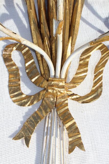 photo of vintage Italian tole wall sconces, huge wheat sheaves w/ Florentine gold wood candle holders #4