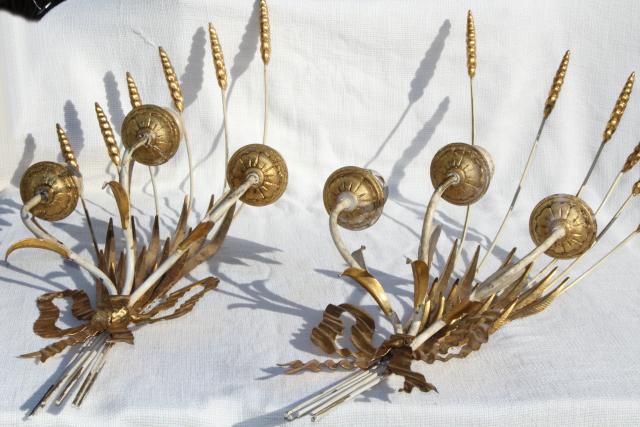 photo of vintage Italian tole wall sconces, huge wheat sheaves w/ Florentine gold wood candle holders #5