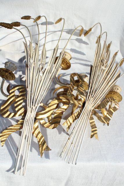 photo of vintage Italian tole wall sconces, huge wheat sheaves w/ Florentine gold wood candle holders #6