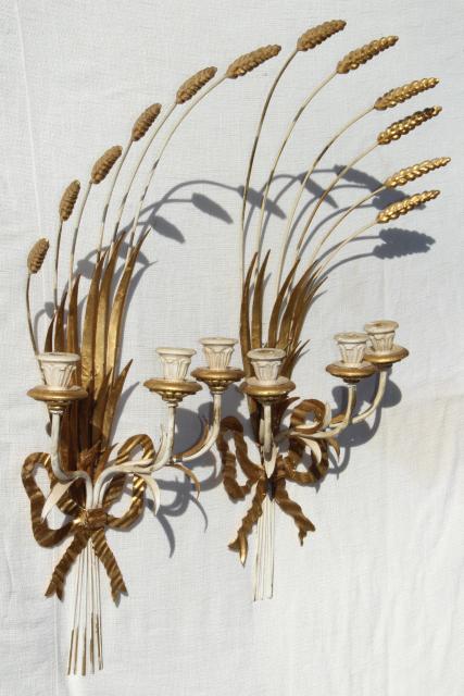 photo of vintage Italian tole wall sconces, huge wheat sheaves w/ Florentine gold wood candle holders #7