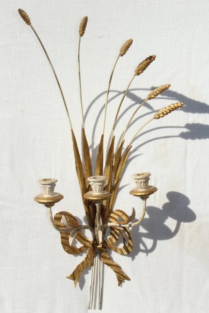 photo of vintage Italian tole wall sconces, huge wheat sheaves w/ Florentine gold wood candle holders #8