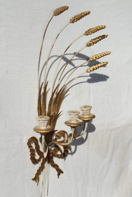 photo of vintage Italian tole wall sconces, huge wheat sheaves w/ Florentine gold wood candle holders #9
