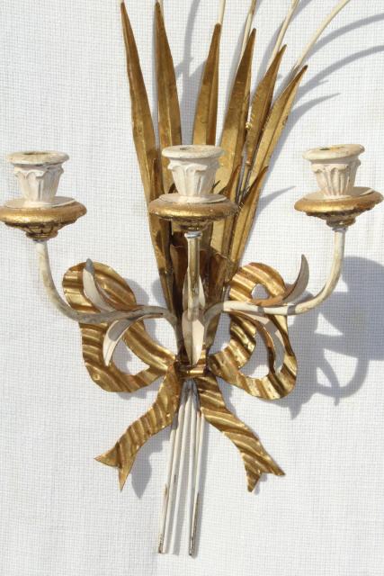 photo of vintage Italian tole wall sconces, huge wheat sheaves w/ Florentine gold wood candle holders #10