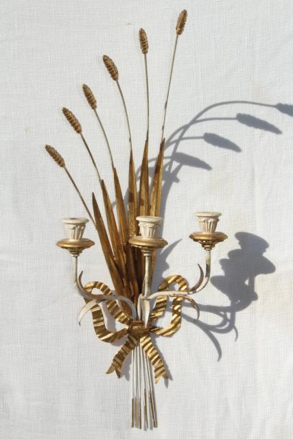 photo of vintage Italian tole wall sconces, huge wheat sheaves w/ Florentine gold wood candle holders #11