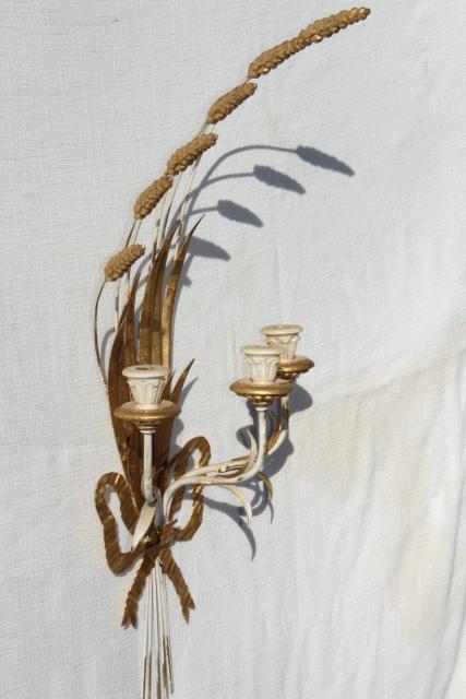 photo of vintage Italian tole wall sconces, huge wheat sheaves w/ Florentine gold wood candle holders #12