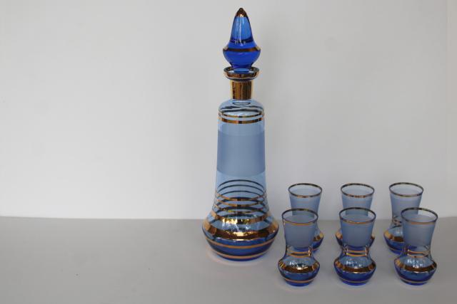 photo of vintage Italian wine decanter & glasses, cobalt blue glass liquor bottle & huge shots! #1