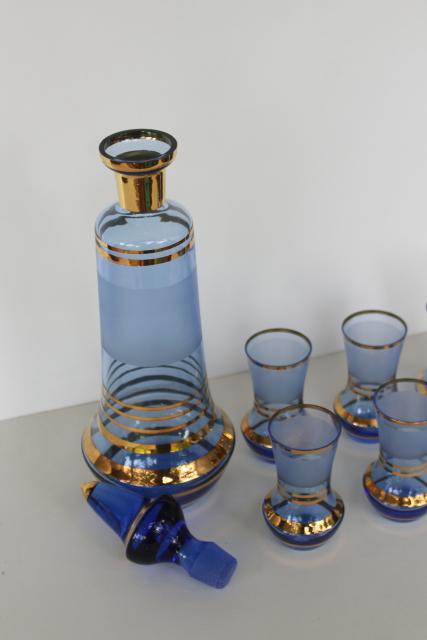 photo of vintage Italian wine decanter & glasses, cobalt blue glass liquor bottle & huge shots! #3