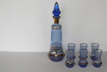 catalog photo of vintage Italian wine decanter & glasses, cobalt blue glass liquor bottle & huge shots!