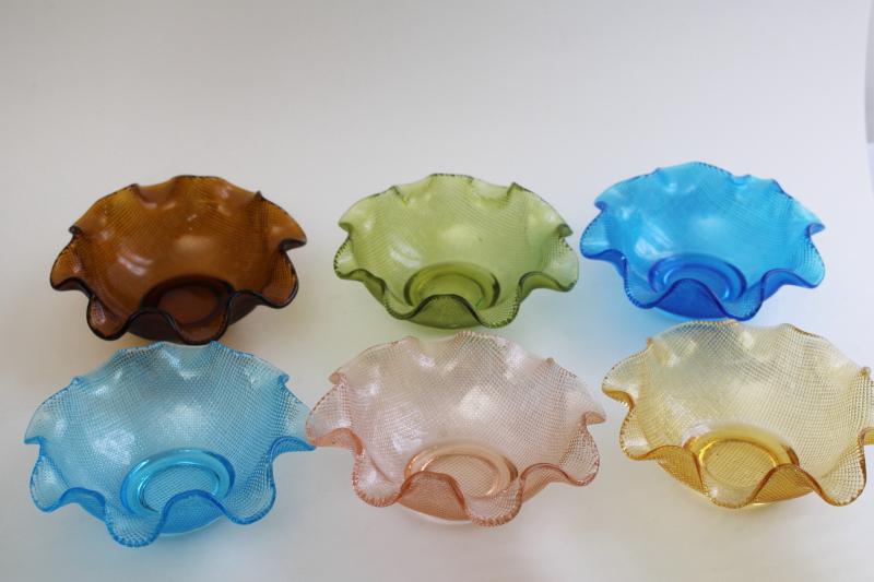 photo of vintage Italy Colony glass bowls, crimped ruffled dessert dishes colored glass #1