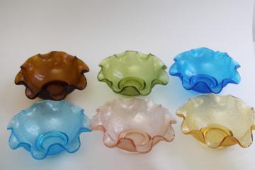 vintage Italy Colony glass bowls, crimped ruffled dessert dishes colored glass 
