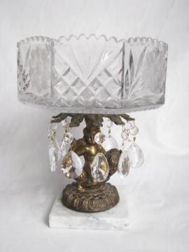 catalog photo of vintage Italy, crystal pedestal bowl, ornate gold cherub marble base, glass teardrop prisms