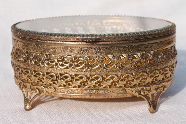 photo of vintage Italy gold metal filigree jewelry box, large oval box for vanity dressing table #1