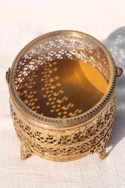 photo of vintage Italy gold metal filigree jewelry box, large oval box for vanity dressing table #2