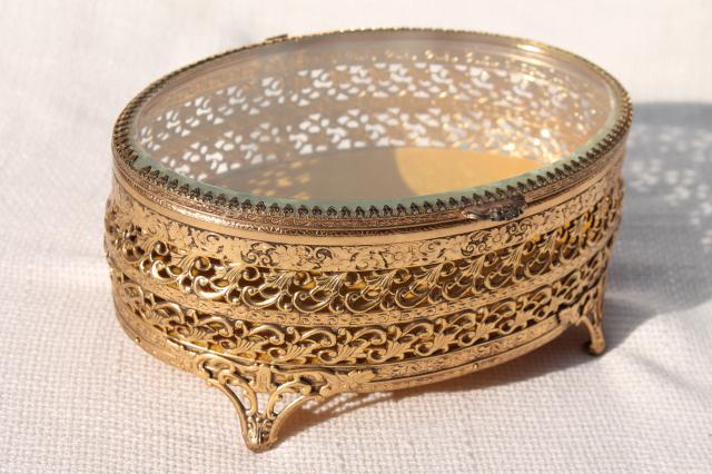 photo of vintage Italy gold metal filigree jewelry box, large oval box for vanity dressing table #3