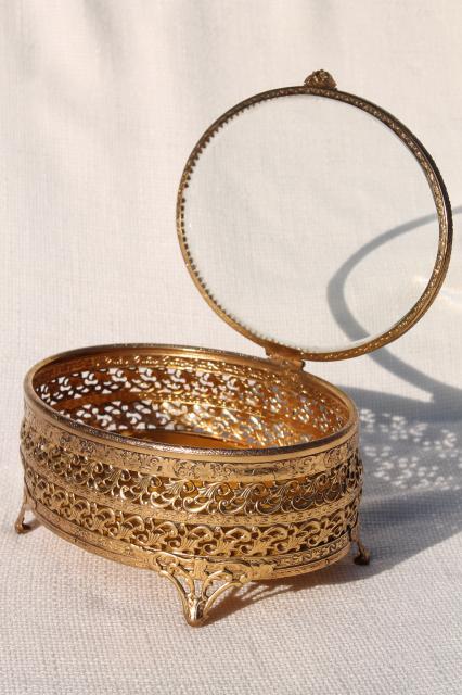 photo of vintage Italy gold metal filigree jewelry box, large oval box for vanity dressing table #4